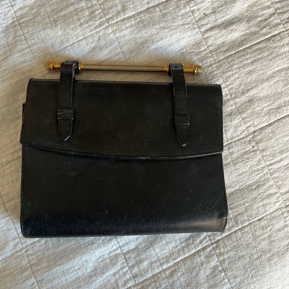 Vintage Bienen-Davis Architectural Dark Red Velvet & Black Leather Handbag